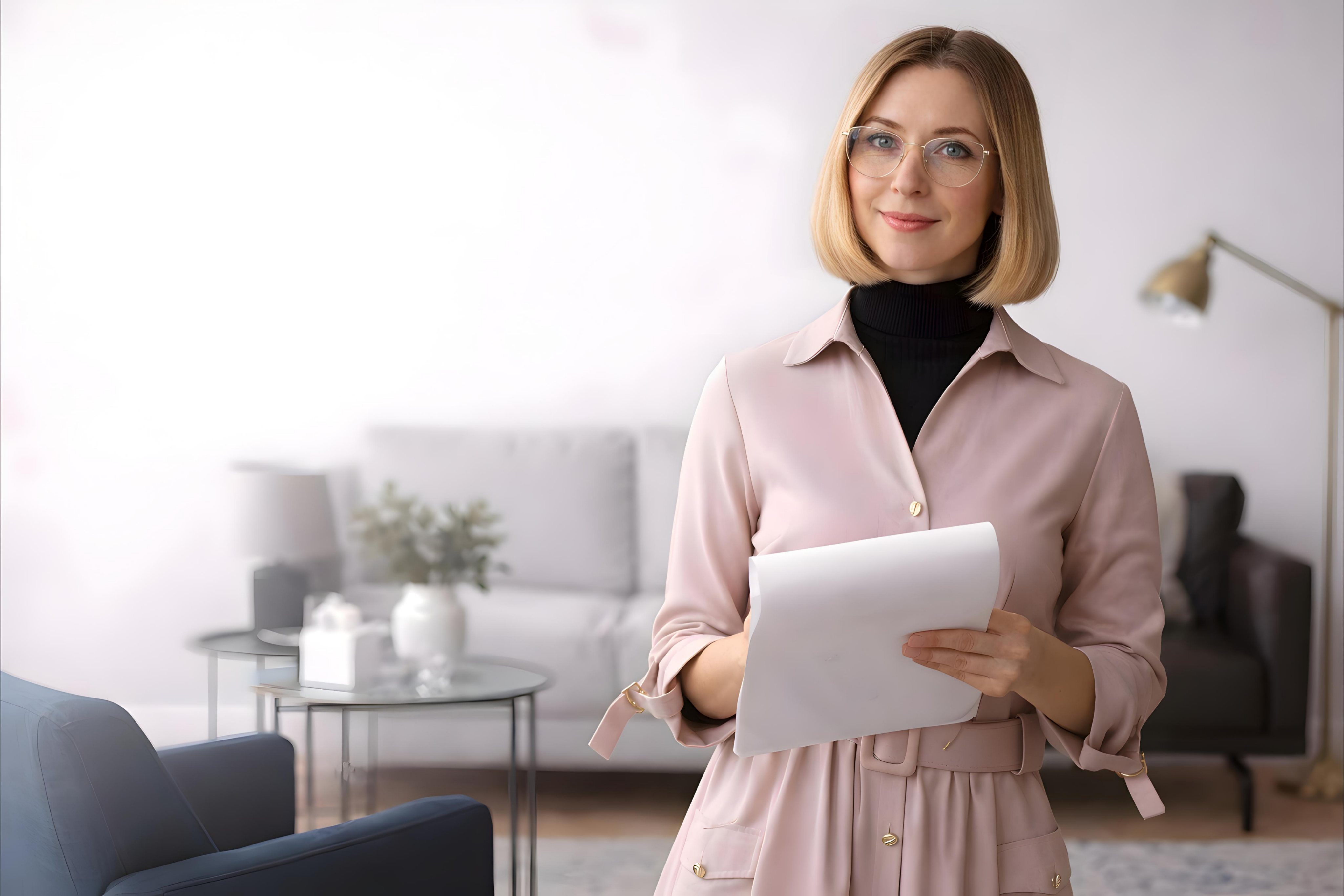 Therapist seated in a calm, minimal office